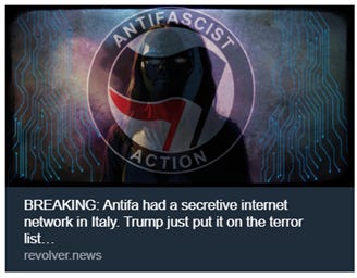 The image depicts a person wearing a mask, holding a red flag, with a digital, encrypted network interface suggesting a secretive online operation in Italy, later being flagged as a terrorist group by Trump. AI-generated content may be incorrect.