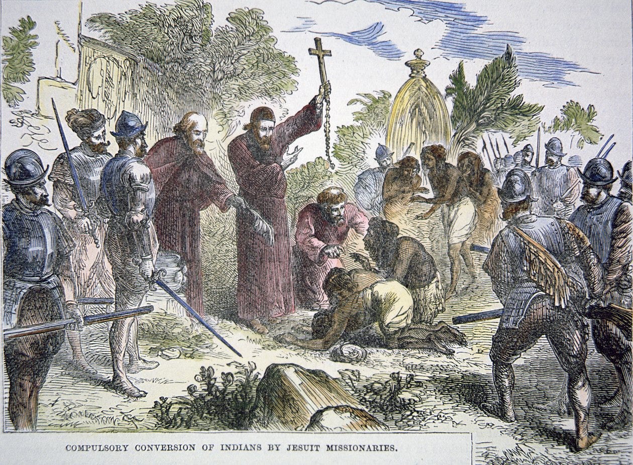 Compulsory Conversion of Native Americans to Christianity by Spanish Jesuit Missionaries in the 16th Century by American School