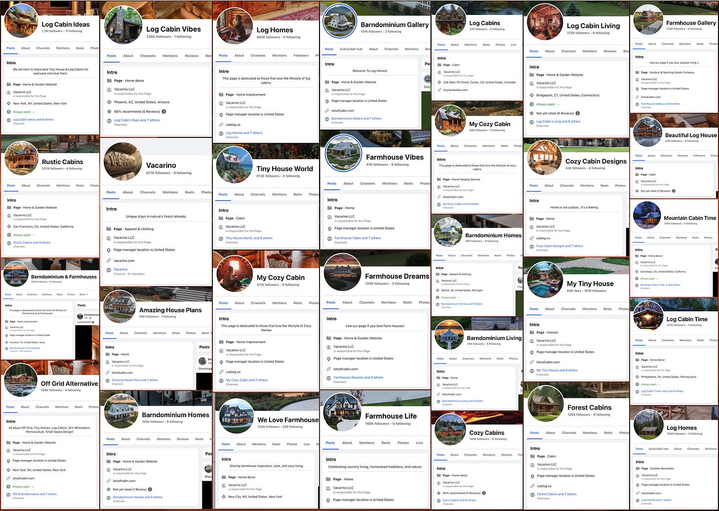 collage of the profiles of 30 Facebook accounts operated by Vacarino LLC
