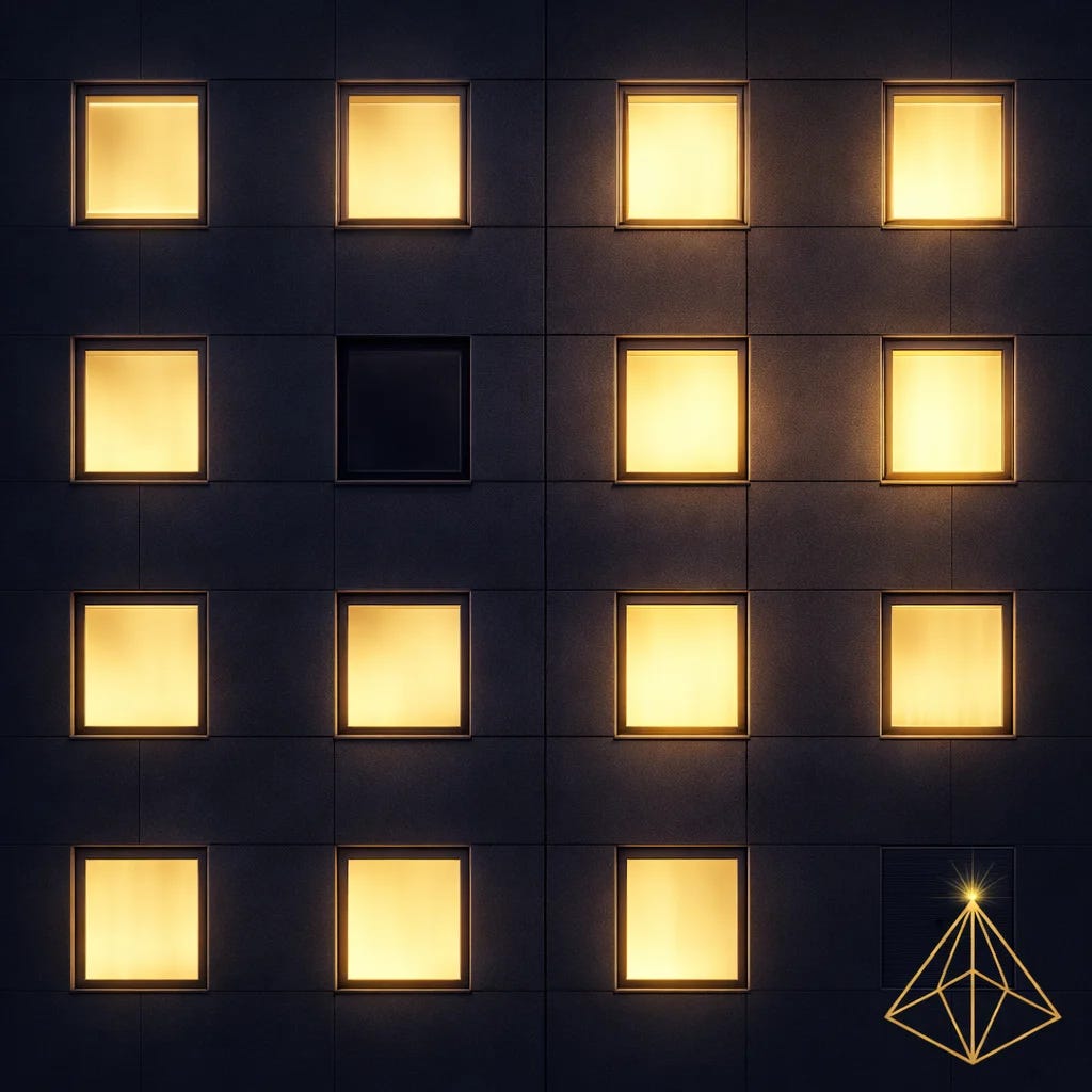 The Visible Practitioner educational image February 2026. Building facade with illuminated and dark windows representing the invisible tenant problem for salon suite practitioners.