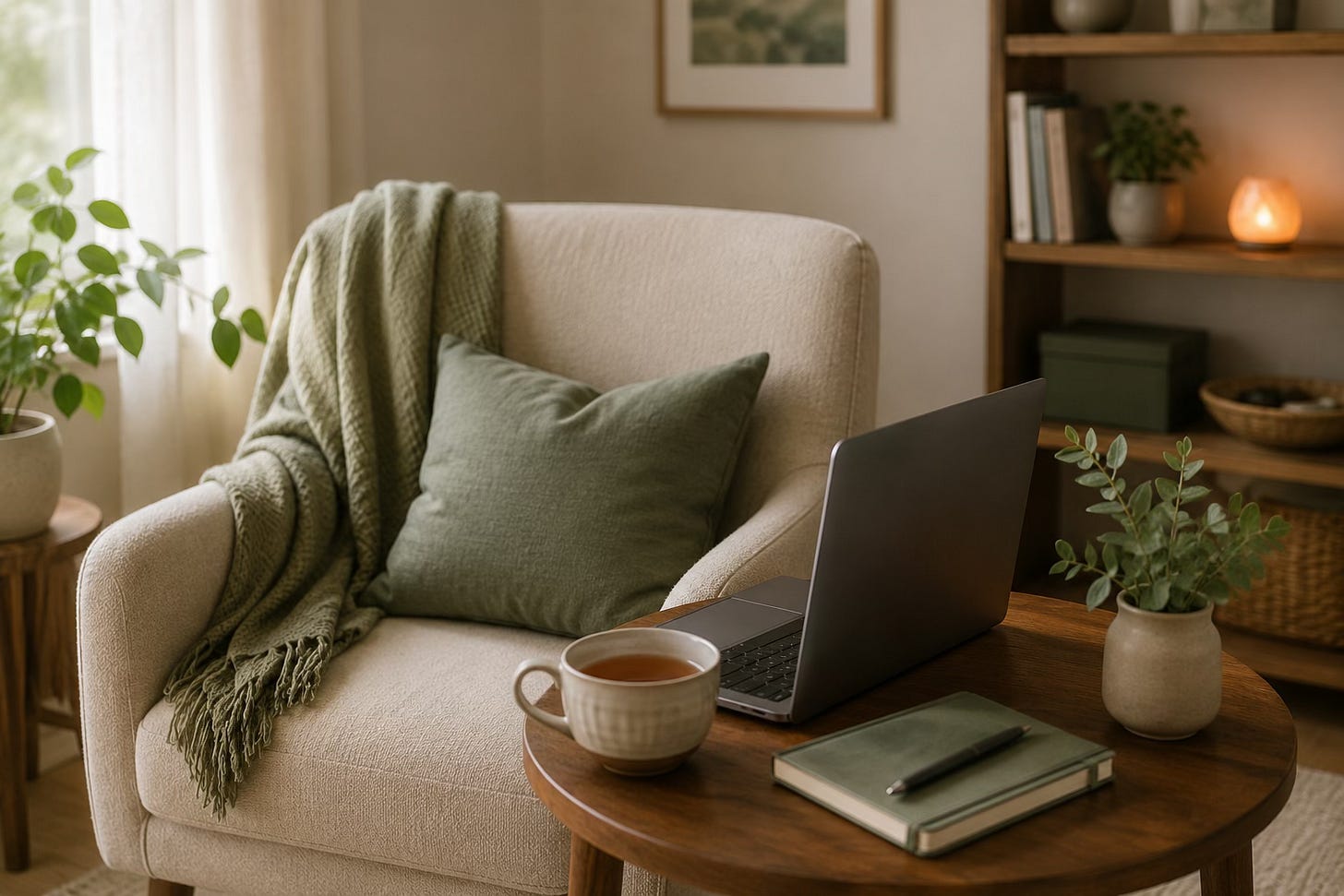Calm private online Clinical EFT space with an empty chair