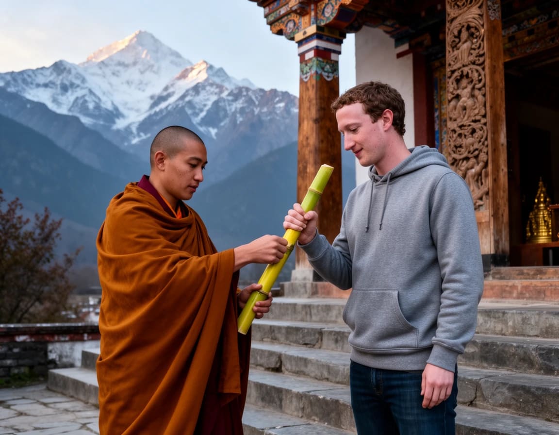 Tibetan monk showing Mark Zuckerberg how to strengthen his weak hand with squeezing a bamboo stick in his left hand