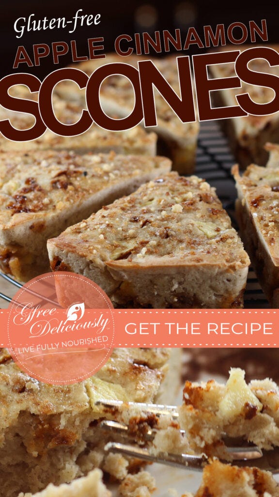 A beautifully captured image of gluten-free Apple Cinnamon Scone wedges cooling on a rack with a bite of flaky scone on a fork in the foreground. A beautifully captured image of gluten-free Apple Cinnamon Scone wedges cooling on a rack with a bite of flaky scone on a fork in the foreground.