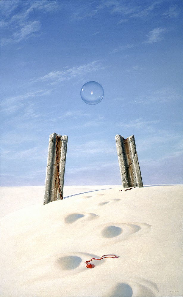 Set against a baby blue sky, a single flame contained within a transparent sphere floats off between two broken, inward-tilting columns. In the recessed channel of one stone, a rusted chain dangles down to white sand. Links of the broken chain lie mostly buried at the base of the other column. In the immediate foreground, a red glass heart tied on a ribbon lies discarded among deeply shadowed footprints dimpling the sand as they approach the columns. Set against a baby blue sky, a single flame contained within a transparent sphere floats off between two broken, inward-tilting columns. In the recessed channel of one stone, a rusted chain dangles down to white sand. Links of the broken chain lie mostly buried at the base of the other column. In the immediate foreground, a red glass heart tied on a ribbon lies discarded among deeply shadowed footprints dimpling the sand as they approach the columns.