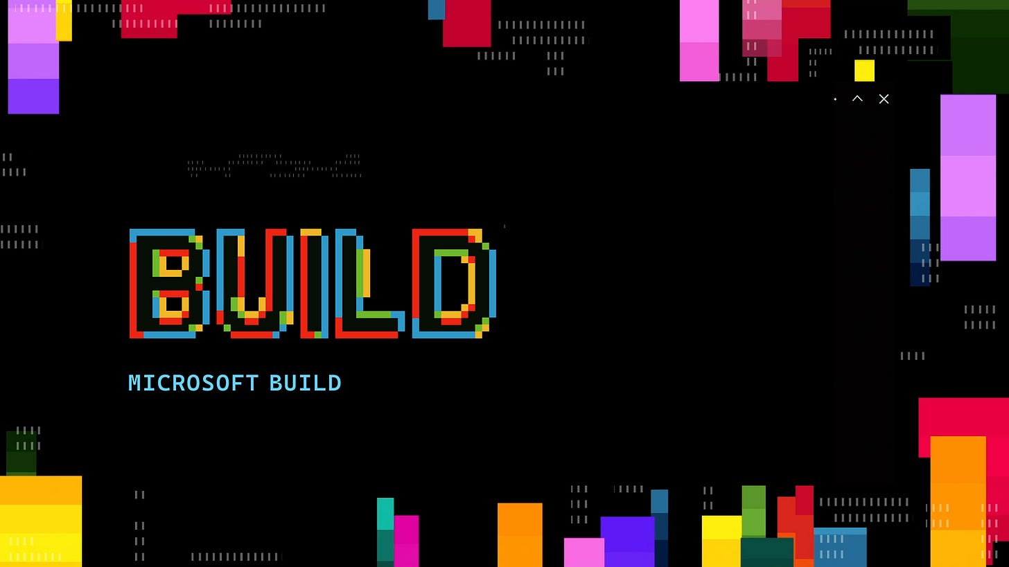 In image with Build in the middle-left side with Microsoft Build below it on a black background with colored bars of different heights with small white vertical lines interspersed among and above some of the bars, which run along the border of the image.