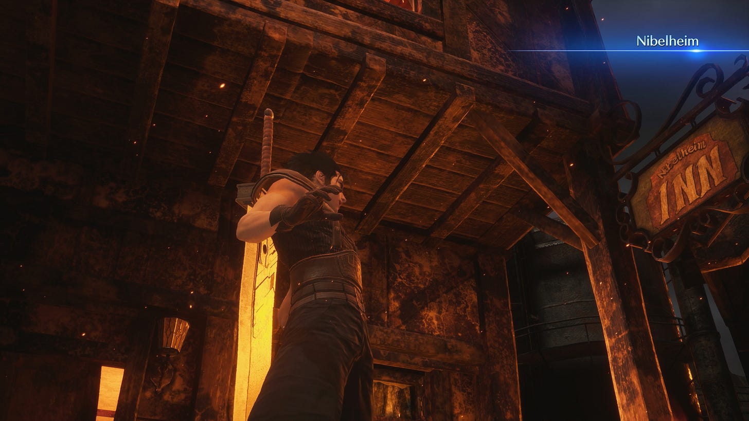 In Crisis Core, Zack exits the inn instead of Shinra manor to find the town in flames.