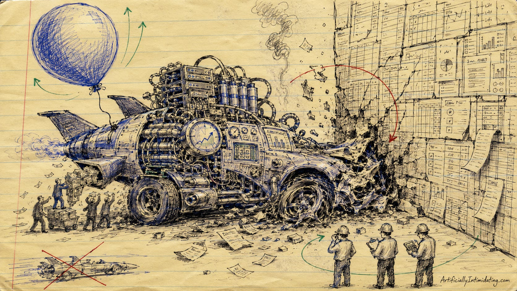 AI-generated editorial illustration in a hand-drawn sketch style on yellow legal-pad paper. A huge overbuilt AI race car, packed with servers, gauges, pipes, token meters, and rocket parts, has crashed nose-first into a massive wall made of spreadsheet grids, invoices, charts, and accounting forms. Tiny CFO-like figures in hard hats inspect the wreck with calculators and clipboards while small executives at the rear keep feeding stacks of money into the engine. A large balloon floats above the vehicle, still tethered to it, suggesting inflated AI valuations despite the crash.