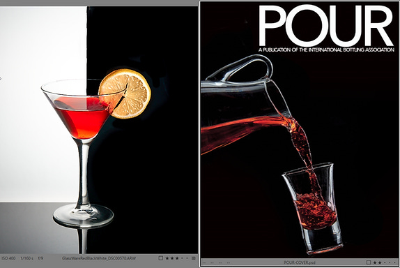 Comparison shot of martini glass on the left with red liquid, a studio shot vs a mock up of a magazine cover with red liquid pouring into s shot glass