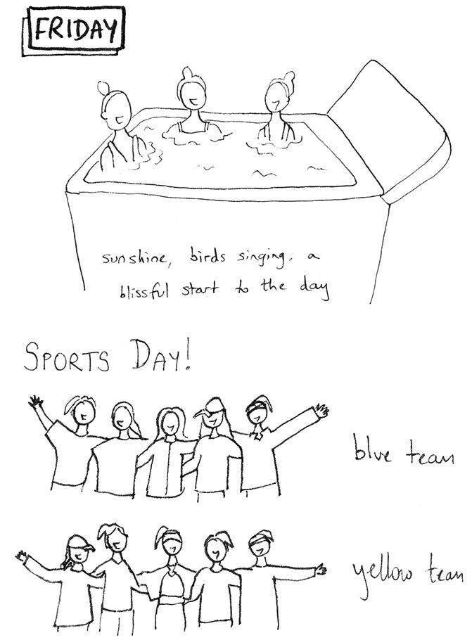 pen drawings. the first is three women in a jacuzzi and text says 'sunshine, birds singing, a blissful start to the day'. the next drawing is of two teams of five people posing for sports day photos pen drawings. the first is three women in a jacuzzi and text says 'sunshine, birds singing, a blissful start to the day'. the next drawing is of two teams of five people posing for sports day photos