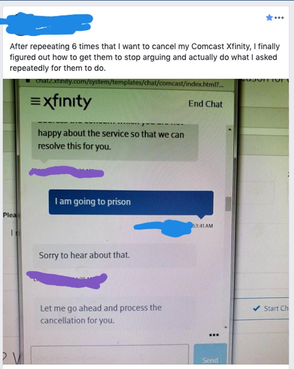 A screenshot of a customer service chat with Xfinity. A screenshot of a customer service chat with Xfinity.