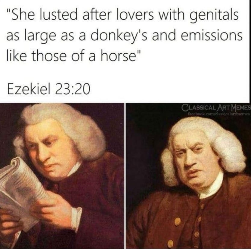 old timey man reading naughty bible verse and making confused face