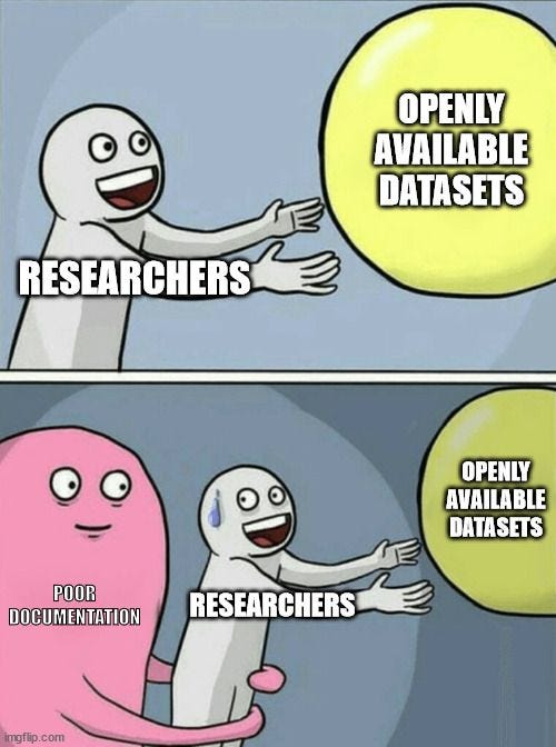 Researcher reaching for ball that says "openly available datasets" and a pink blob holding the person back that says "poor documentation"