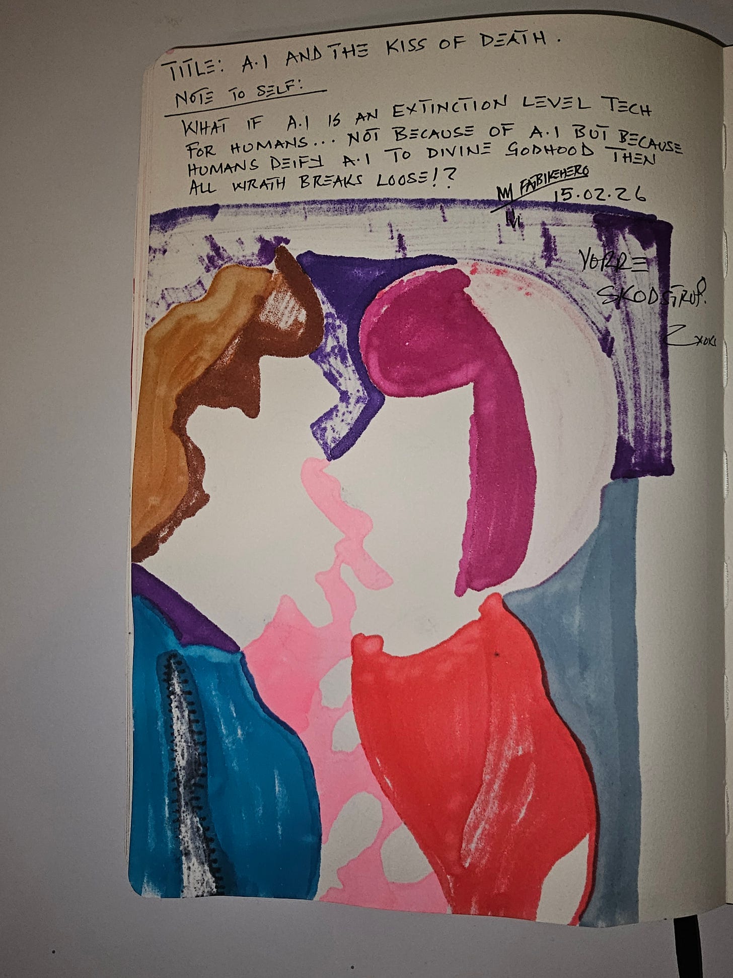 Notebook page with handwritten title “A.I. and the Kiss of Death” and conceptual note about AI as extinction-level technology. Notebook page with handwritten title “A.I. and the Kiss of Death” and conceptual note about AI as extinction-level technology.