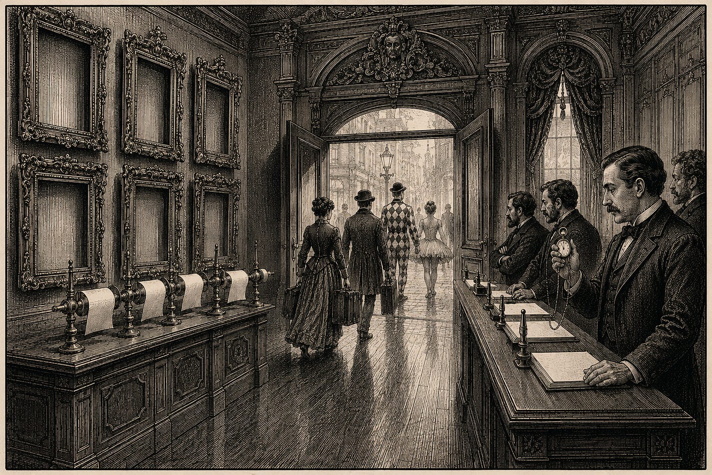 Wood-engraving editorial illustration in the Thomas Nast Harper's Weekly style for Attention Capital's essay The Graduation Problem, illustrating the hundred-year rental structure of talent representation. Inside a grand 19th-century brokerage hall, performers file out through the front doors while brokers stand at their desks beside blank contracts and a wall of empty gilded picture frames. The image argues that agencies like CAA and WME hold commission streams, never collateral, because the talent walks at contract end, the structural fact that has kept anyone from securitizing a client roster. Keywords: talent agency economics, studio system, Paramount consent decrees, attention as collateral, creator credit.