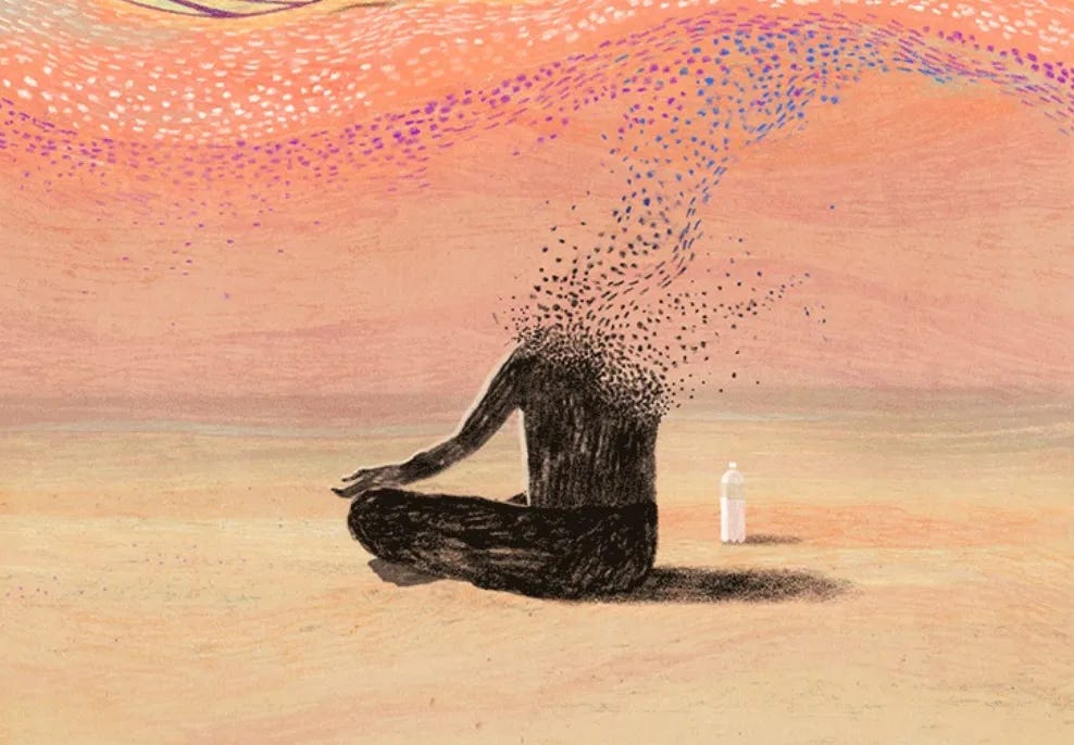 Illustration of a person sitting cross-legged in meditation on a sandy ground. Their head and upper torso dissolve into scattered dots that drift upward into the sky, blending with pink and orange swirling patterns. A water bottle rests nearby. Illustration of a person sitting cross-legged in meditation on a sandy ground. Their head and upper torso dissolve into scattered dots that drift upward into the sky, blending with pink and orange swirling patterns. A water bottle rests nearby.