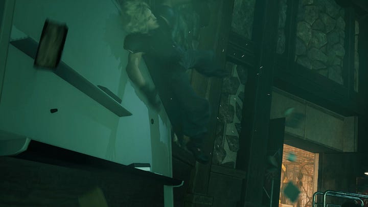 SOLDIER Cloud is tossed away by Sephiroth after trying to hold him back.