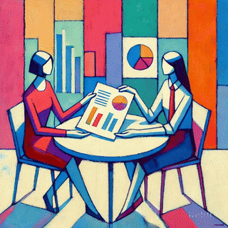 Two individuals seated at a table, discussing financial data, with graphs and charts displayed on the table and a colorful abstract background. Two individuals seated at a table, discussing financial data, with graphs and charts displayed on the table and a colorful abstract background.
