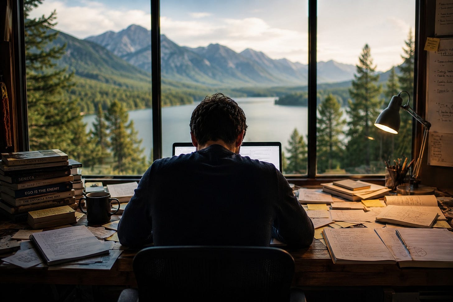 Person absorbed in work at a laptop surrounded by notes and books, with a stunning mountain view outside the window that goes largely unnoticed
