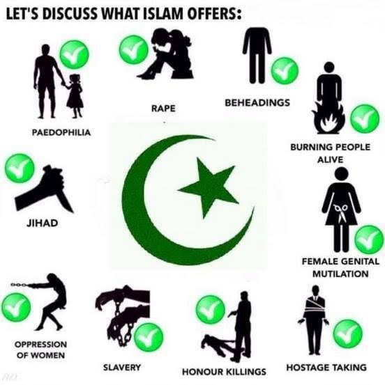 May be an image of text that says 'LET'S DISCUSS WHAT ISLAM OFFERS: RAPE RAPE PAEDOPHILIA BEHEADINGS BURNING PEOPLE ALIVE JIHAD FEMALE FEMALEGENITAL GENITAL MUTILATION करे OPPRESSION OF WOMEN SLAVERY HONOUR HONOURKILLINGS KILLINGS HOSTAGE TAKING'