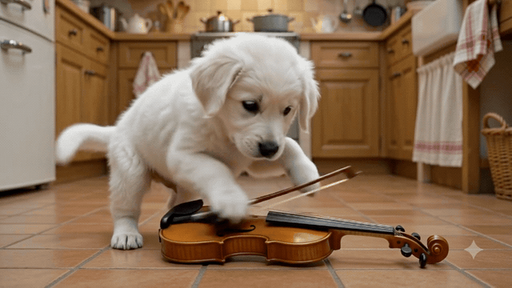Collage of two Gemini Omni Flash AI video experiments by Karo Zieminski for Product With Attitude, showing a puppy playing the violin in a kitchen and the Substack logo transforming into 3D glassmorphism particles to test multimodal AI video, world models, physics, and editable reality.