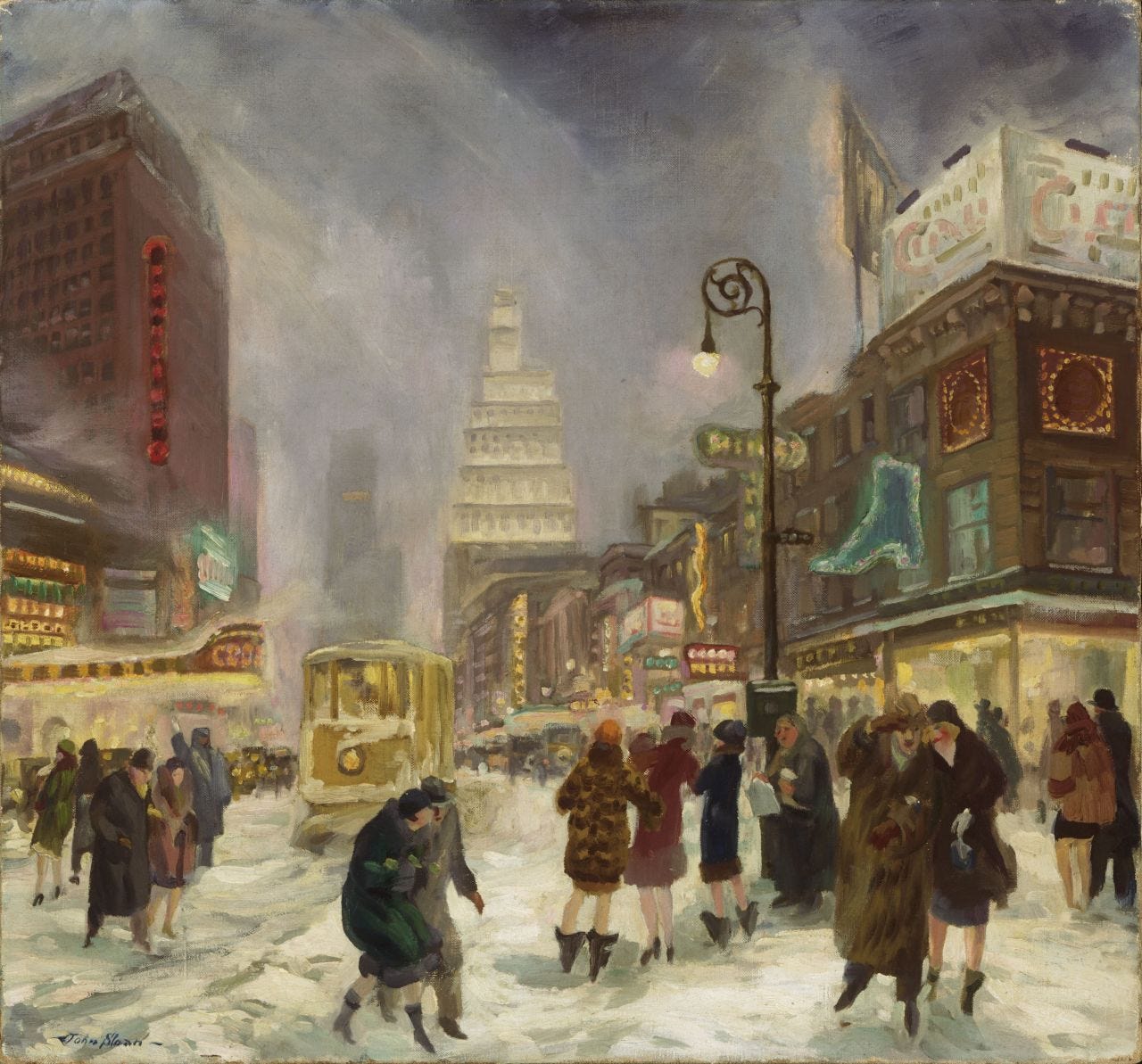 The White Way, c. 1926, by John Sloan, American, 1871 - 1951. Oil on canvas, 30 1/8 x 32 1/4 inches. Philadelphia Museum of Art: Gift of Mrs. Cyrus McCormick, 1946-10-2