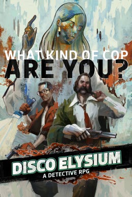Abstracted, painterly image of the main characters of Disco Elysium beneath the words "What kind of cop are you?" and a female statue Abstracted, painterly image of the main characters of Disco Elysium beneath the words "What kind of cop are you?" and a female statue