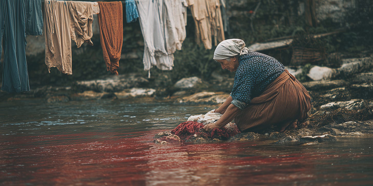 An old woman kneels beside a river, washing clothing that is staining the water red. Behind her, blue, red, beige, white shirts thrown over a washing line. An old woman kneels beside a river, washing clothing that is staining the water red. Behind her, blue, red, beige, white shirts thrown over a washing line.