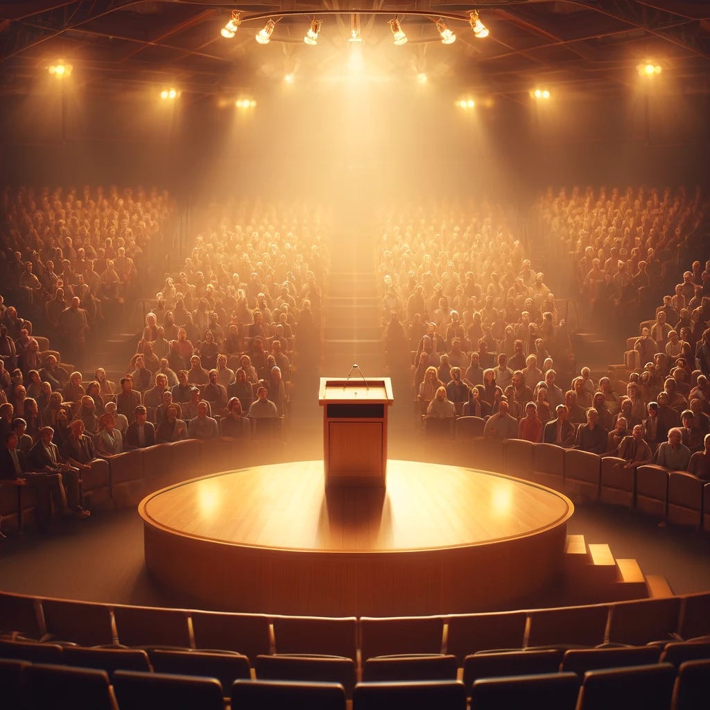 Create an image that captures the essence of inspiration and legacy. The scene is a warmly lit lecture hall with an empty podium at the center, symbolizing the absence yet enduring influence of Randy Pausch. The background shows a packed audience in soft focus, representing listeners from around the world touched by his message. The atmosphere is reverent and thoughtful, filled with a sense of respect and contemplation. This cover image should visually convey the emotional and motivational impact of a profound lecture that continues to inspire long after the speaker has gone.