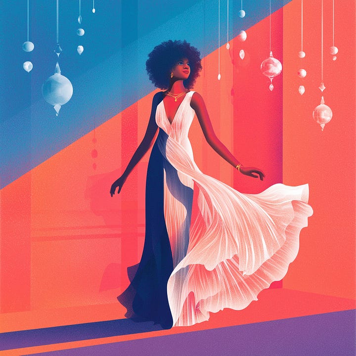 A Black woman stands in profile in a sunlit room, wearing a flowing cream and navy silk gown. Warm light reflects through hanging glass ornaments and crystals, casting soft patterns across the walls as the fabric of her dress gently trails behind her.