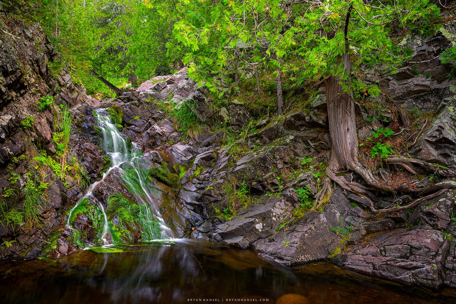 A waterfall running through a small canyon and surrounded by green trees.
