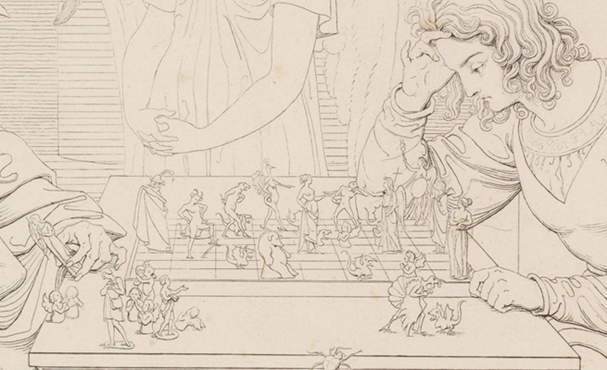 Close view of the chessboard, where the pieces are small winged and horned figures, with the young man's hand resting on the table.