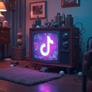 TikTok and Twitch logos devouring a TV set