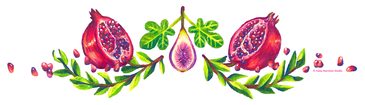 Idris's colored pencil illustration of two pomegranates and a fig flowering off their branches and cut in half