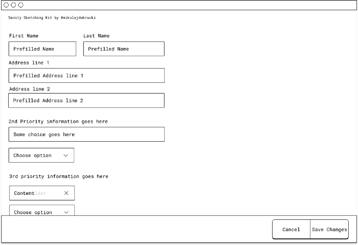 An infinite scrolling form field with buttons for Cancel and Save Changes being anchored at the bottom right of the screen.
