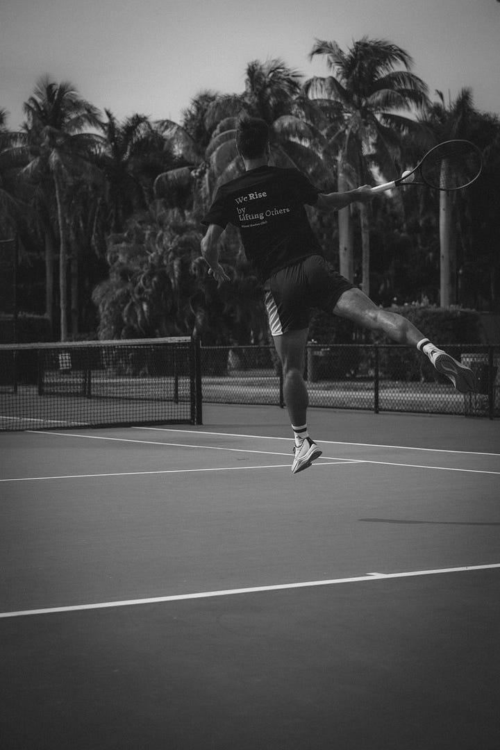 A black and white photo series of men and women playing tennis, modeling Miami Racket Club apparel, and chatting courtside. Mix of action shots, posed portraits, and candid moments, showcasing both athleticism and casual club atmosphere.
