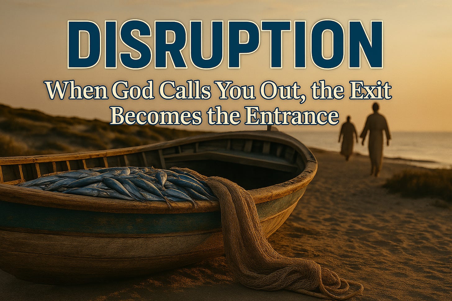 “DISRUPTION – When God Calls You Out, the Exit Becomes the Entrance” over a Galilean fishing boat, nets full, figures walking away in obedience.