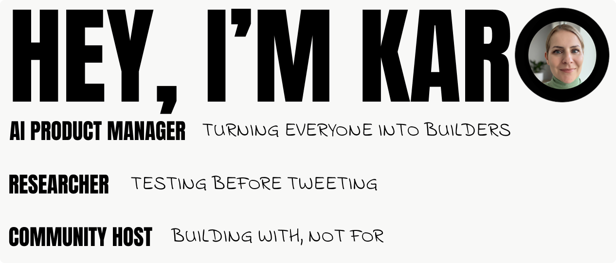 Karo Zieminski, AI Product Manager and writer of the Product With Attitude Substack, presented in a bold black-and-white banner reading “Hey, I’m Karo,” with role statements highlighting AI product management, research-first thinking, and community-led building.