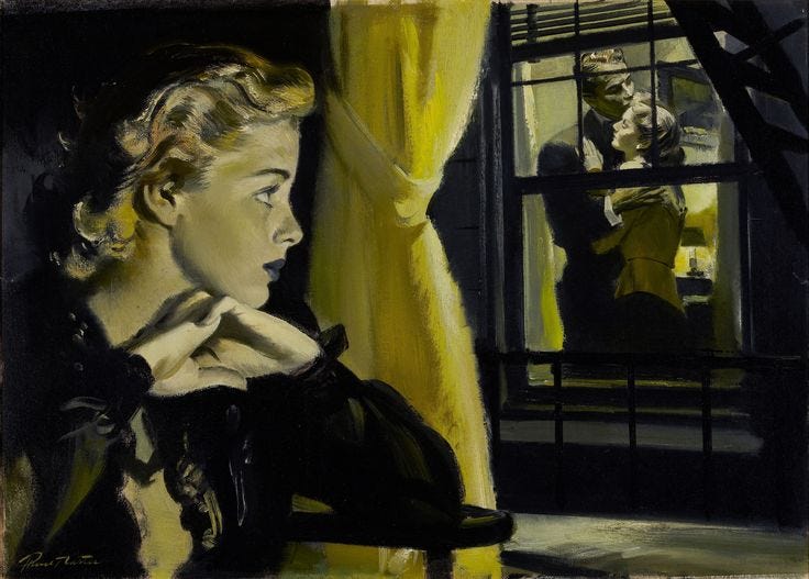 This may contain: a painting of a woman sitting in front of a window next to a man looking out the window