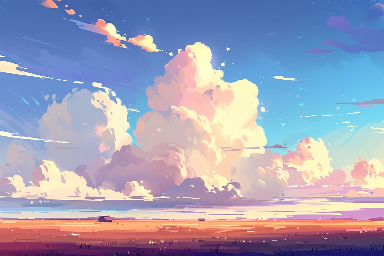 graphic novel illustration of an open field and large clouds graphic novel illustration of an open field and large clouds