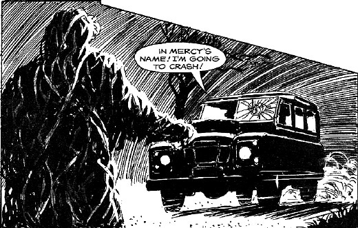 A jeep is about to crash into a walking vegetable from Death Flower!
