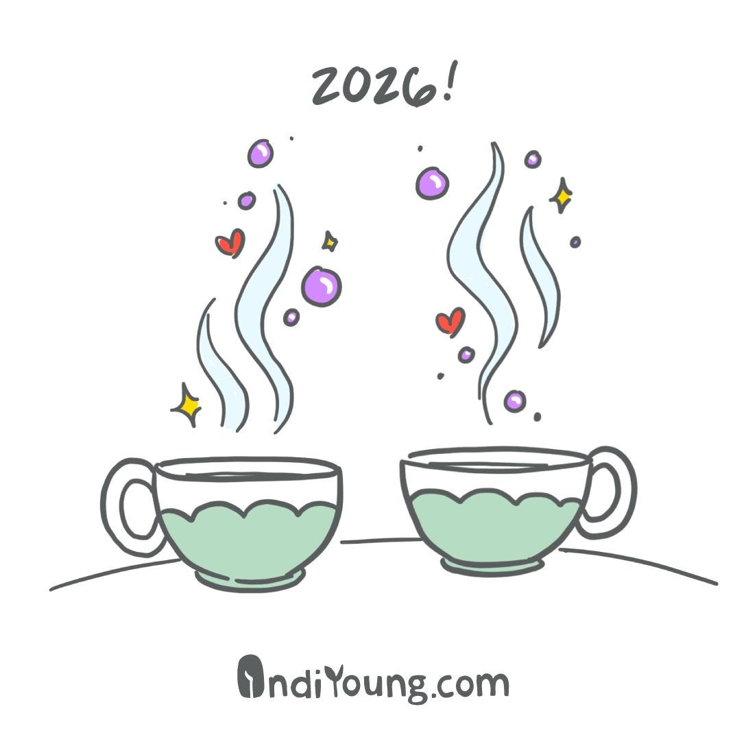 two cups of hot beverage steaming on a table, with cognition concepts drifting out of them in the form of crystal spheres, hearts, and stars