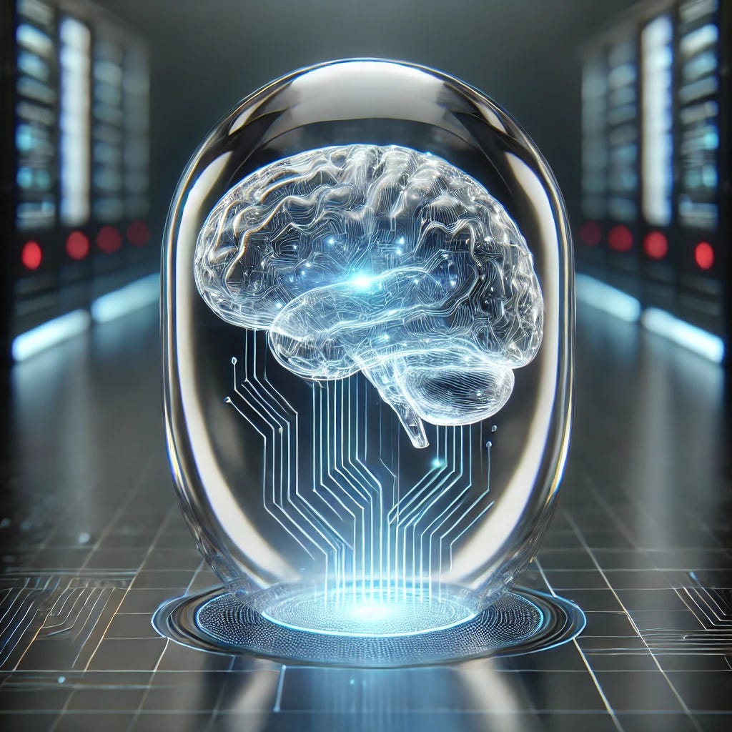 A sleek, futuristic scene featuring a translucent, high-tech wrapper encasing a glowing, intricately detailed digital brain. The wrapper appears as a smooth, reflective shell with subtle circuit-like textures and soft blue neon highlights, symbolizing the integration layer around core AI technology. The digital brain inside pulses with light, its neural pathways visible through the transparent casing. The background is a modern, slightly blurred high-tech lab or digital interface environment, evoking innovation and advanced technology.