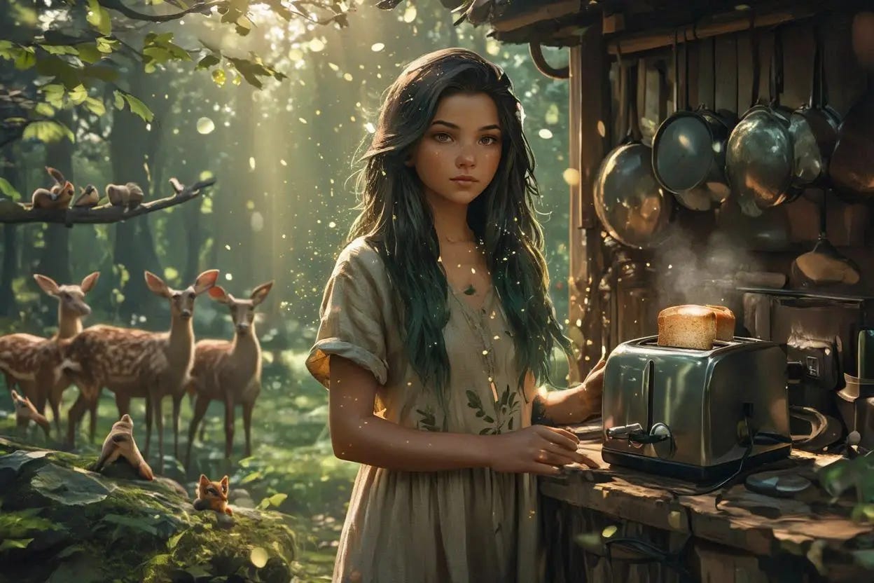The young Goddess Gaia with her sparkling aura with her electric bread toaster in her kitchen with pots and pans in the forest and deers, squirrels and other animals watching. Realistic digital image.