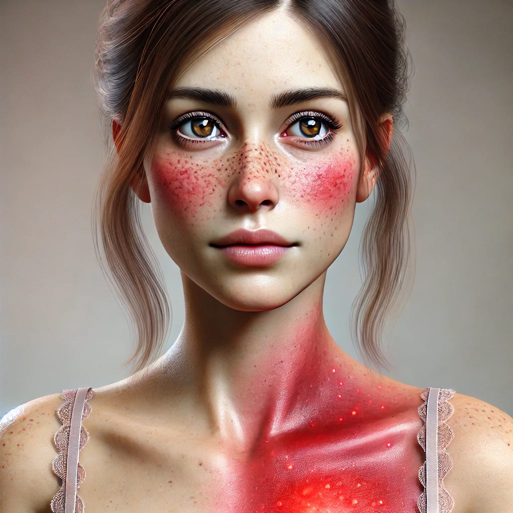 A realistic digital painting of a woman with lupus, showing the characteristic malar rash (butterfly-shaped redness across the cheeks and nose). She has an expression of discomfort and mild pain. The image subtly depicts pericarditis with a gentle visual representation of chest inflammation, avoiding excessive brightness or glowing effects. The color palette is muted and natural, with soft lighting to maintain realism. The background remains neutral to keep focus on her facial features and chest area.