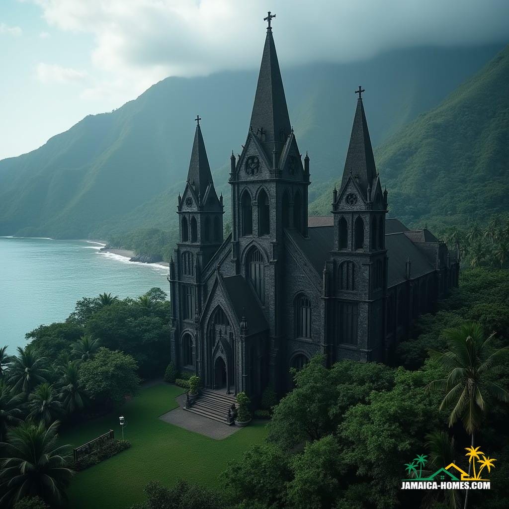 A breathtaking gothic church in Jamaica's coastal area, set between a dramatic mountain backdrop and a tranquil beach. The church features towering, dark, protruding square elements that give it an imposing, otherworldly appearance. Its spires reach toward the sky, while the dark stone structure contrasts sharply against the tropical landscape. The church is surrounded by a blend of lush greenery and the sparkling blue of the Caribbean Sea. The overall atmosphere is one of mystery and majesty, with a hint of ancient, forgotten grandeur. The entire scene is enveloped in deep shades of black and shadow, casting an eerie yet beautiful aura across the setting.