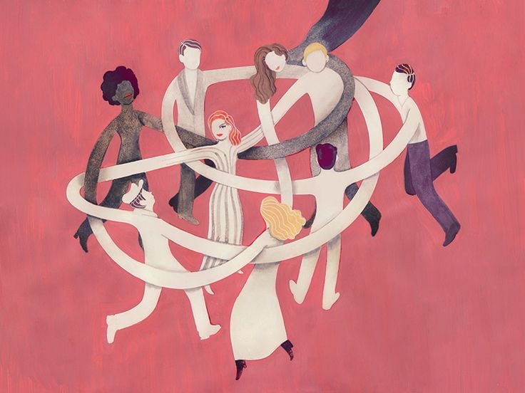 This may contain: an illustration of people holding hands in a circle on a pink background with black and white lines This may contain: an illustration of people holding hands in a circle on a pink background with black and white lines