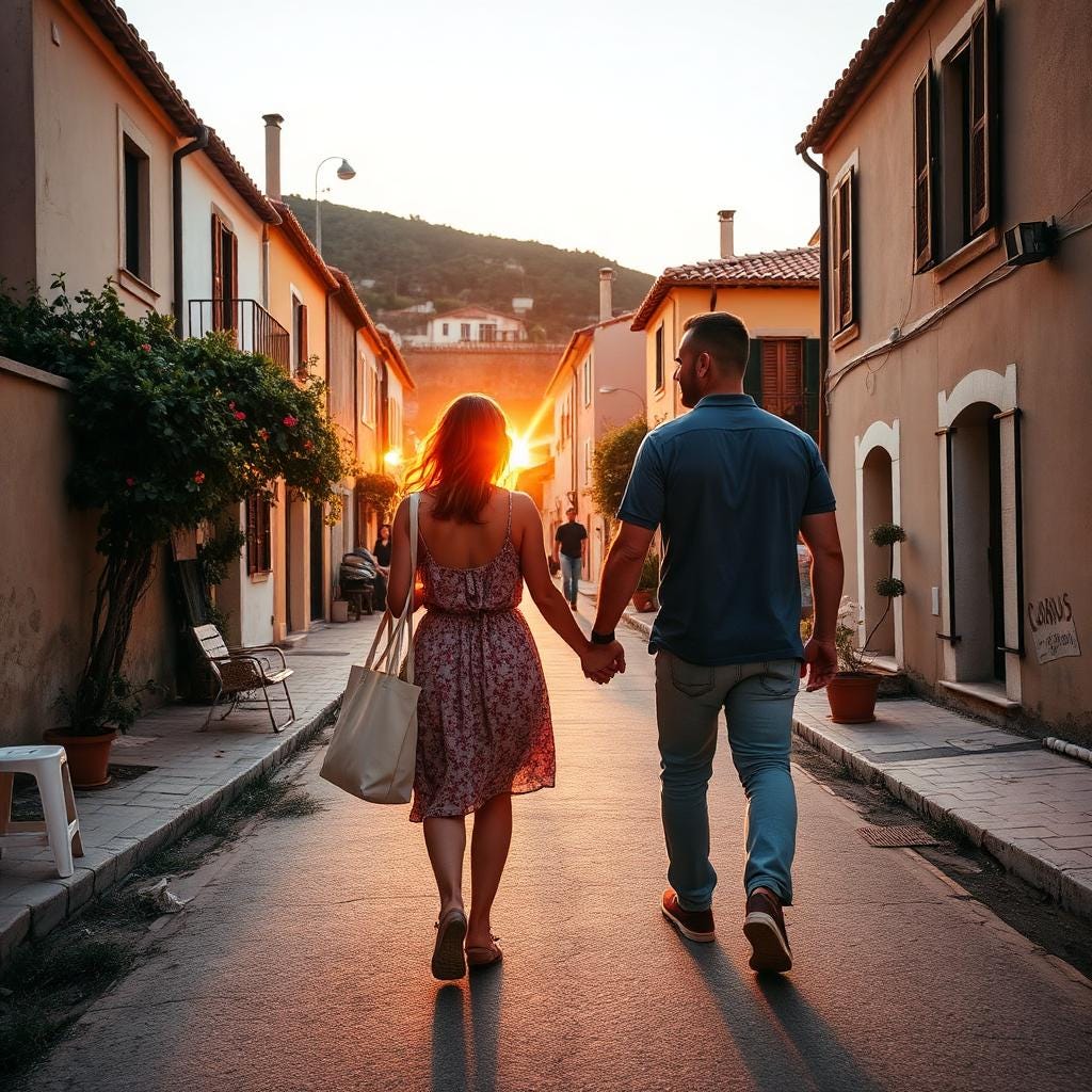 Couple walking hand in hand through a Mediterranean village at sunset