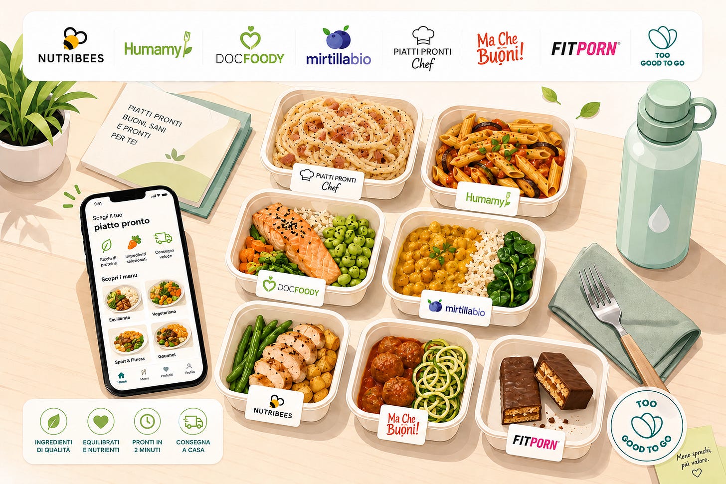 Illustrazione di piatti pronti con diverse proposte healthy, smartphone per gli ordini e loghi di Nutribees, Humamy, DocFoody, Mirtillabio, Piatti Pronti Chef, Ma Che Buoni!, Fitporn e Too Good To Go. Illustrazione di piatti pronti con diverse proposte healthy, smartphone per gli ordini e loghi di Nutribees, Humamy, DocFoody, Mirtillabio, Piatti Pronti Chef, Ma Che Buoni!, Fitporn e Too Good To Go.