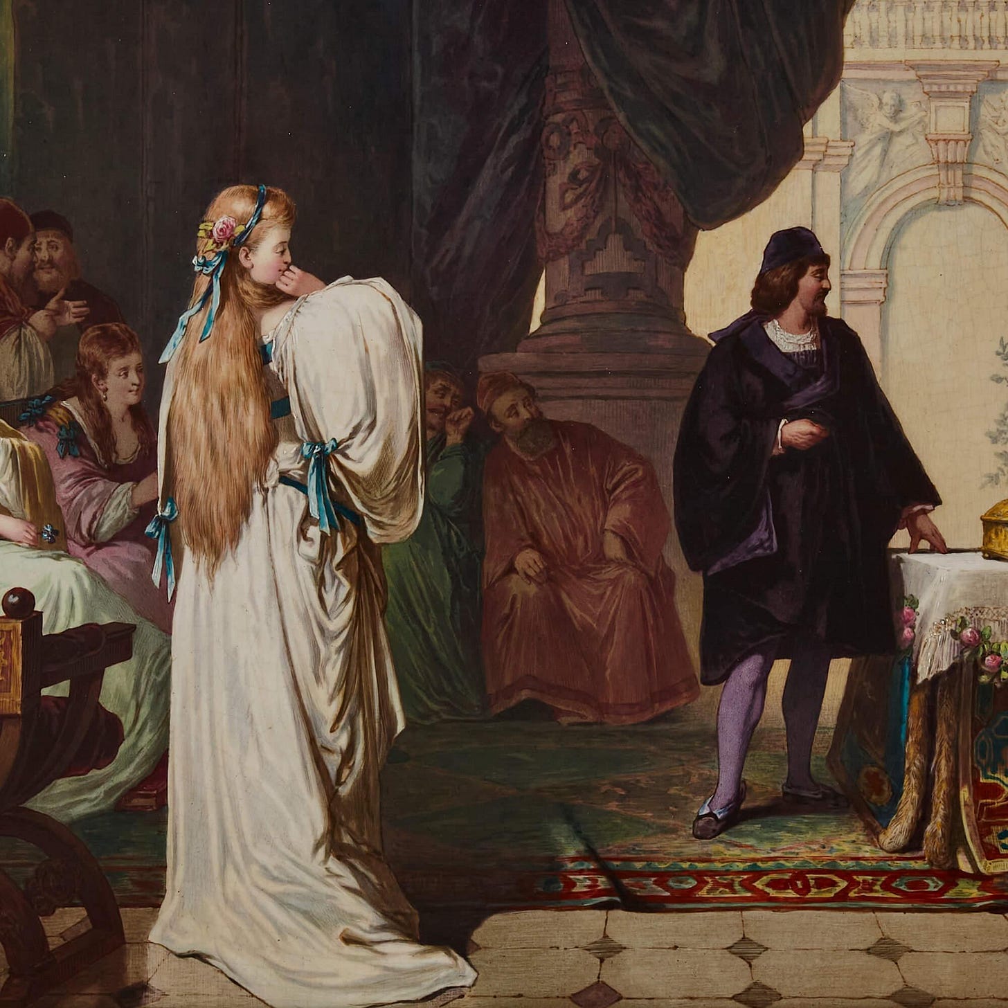 A woman in white with long hair and blue ribbons holds her chin, facing a man in black near a table. Onlookers in ornate, historic setting.