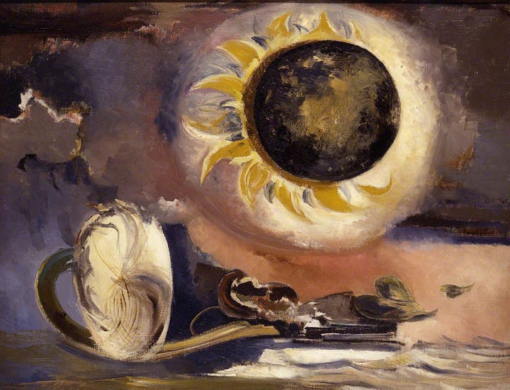The final two paintings of Paul Nash, Left: Solstice of the Sun, Right: Eclipse of the Sun, both 1945.